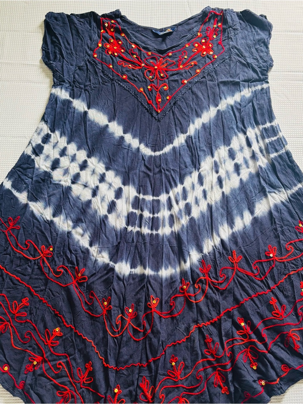 Riviera Sun Navy Blue & White Tie-Dye Red Embroidered Mid Length Dress XL